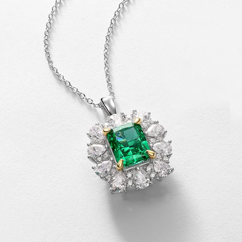 S925 Sterling Silver Ring for Women Colored Ice Flower Cut Rectangle Emerald Snowflake Green Zirconia Lab Grown Diamond Ring