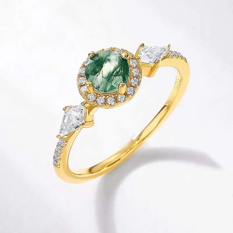 JewelyKing S925 Sterling Silver Round Cut Natural Gemstone 18k Gold Plated Green Moss Agate Engagement Rings  JKRS0194
