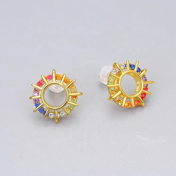 14K Gold Plated Sterling Silver Rainbow CZ Diamond Earrings Circle Minimalist Stud Earrings for Women Round Hollow Jewelry
