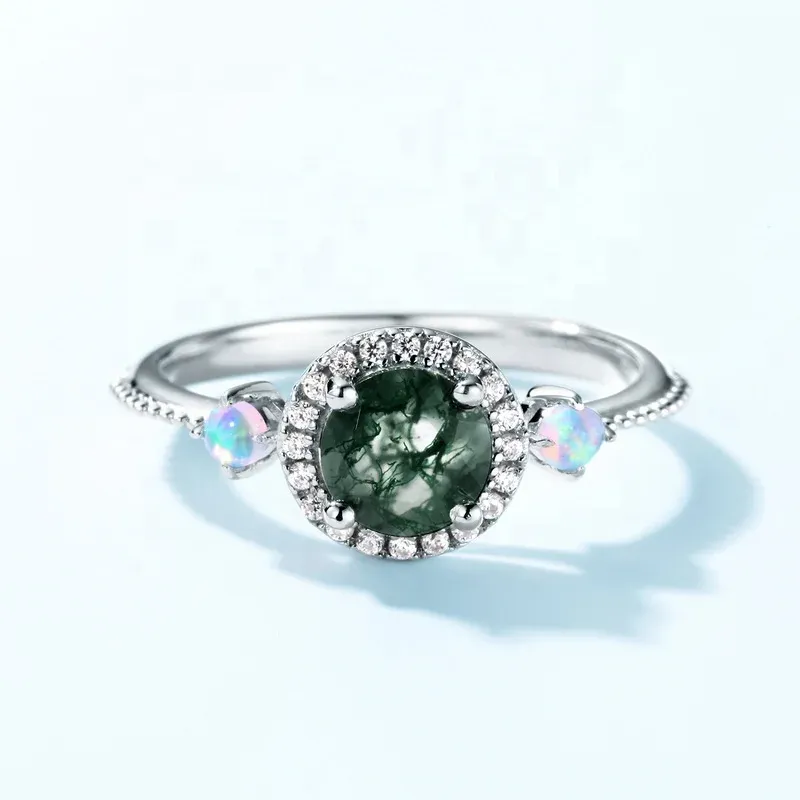 JewelyKing S925 Silver Gemstone Adjustable Shiny Zircon Synthetic Opal Round Shape Green Moss Agate Rings JKRS0234