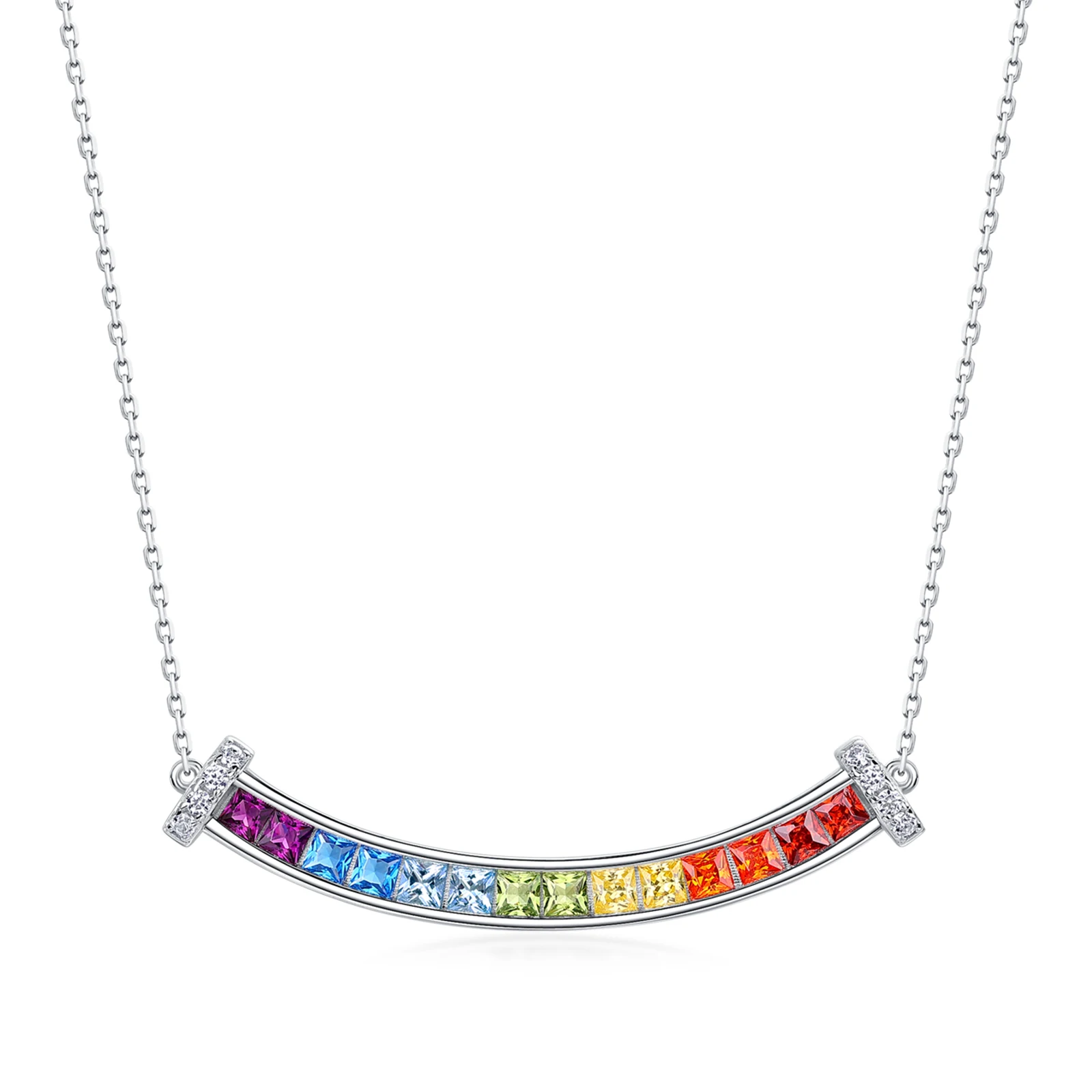 Panyu Fine Jewelry 925 Sterling Silver Pendant Necklace Colorful Gradient Rainbow Smile Sweet Cool Necklace Gift