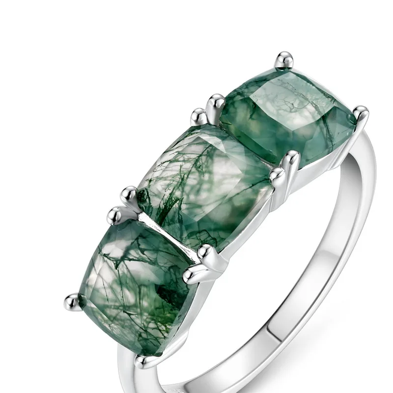 JewelyKing S925 Sterling Silver Natural Green Moss Agate Three Stone Ring JKRS0189