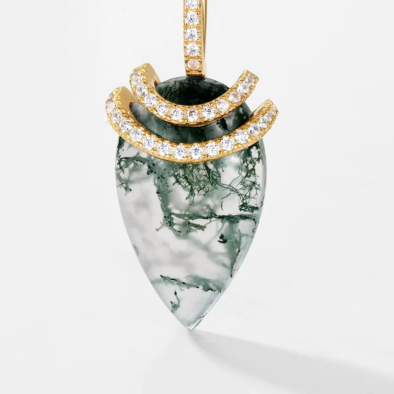 925 Sterling Silver Teardrop Shape Gold Plated Green Moss Agate Pendant Necklace Chain Fashionable for Women
