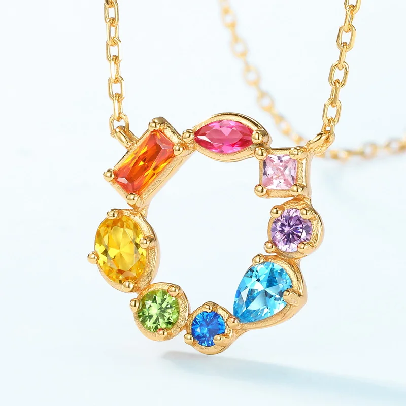 Layered Color CZ Circle Necklace Pendant Handmade K Gold Plated Sterling Silver S925 Rainbow Necklace Silver Cross Link Chain