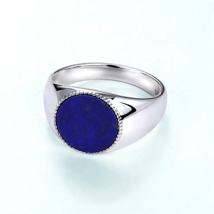 JewelyKing S925 Sterling Silver Unisex Natural Lapis Lazuli Signet Finger Ring JKRS0277