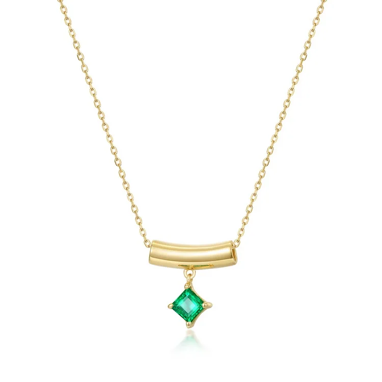 JewelyKing Luxury 14K Trending Geometric Emerald Diamond Solid Gold Charm Necklace JKNS0137