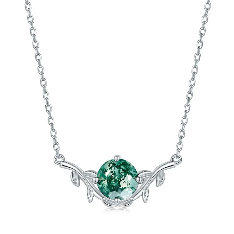 JewelyKing Natural Moss Agate Necklace Sets S925 Silver Cross Chain Women's Geometric Shape JKNS0028