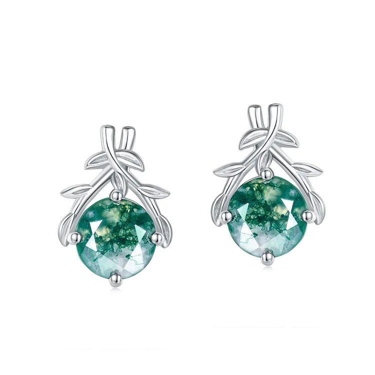 Jewelyking S925 Sterling Silver Leaf Branch Natural Moss Agate Real Stud Earrings JKES0078
