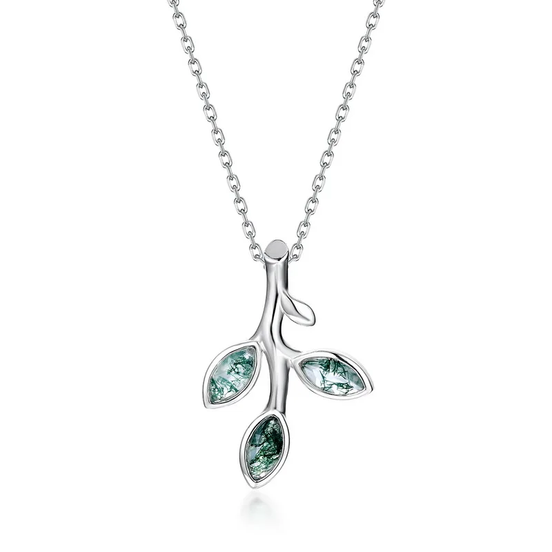Jewelyking S925 Sterling Silver French Retro Style Green Moss Agate Leaf Pendant Necklace JKNS0095