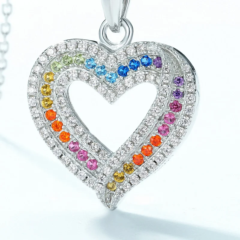 New Arrival 925 Silver Color CZ Open Rainbow Heart Fashion Pendant Love Necklaces for Women Gift No Chain