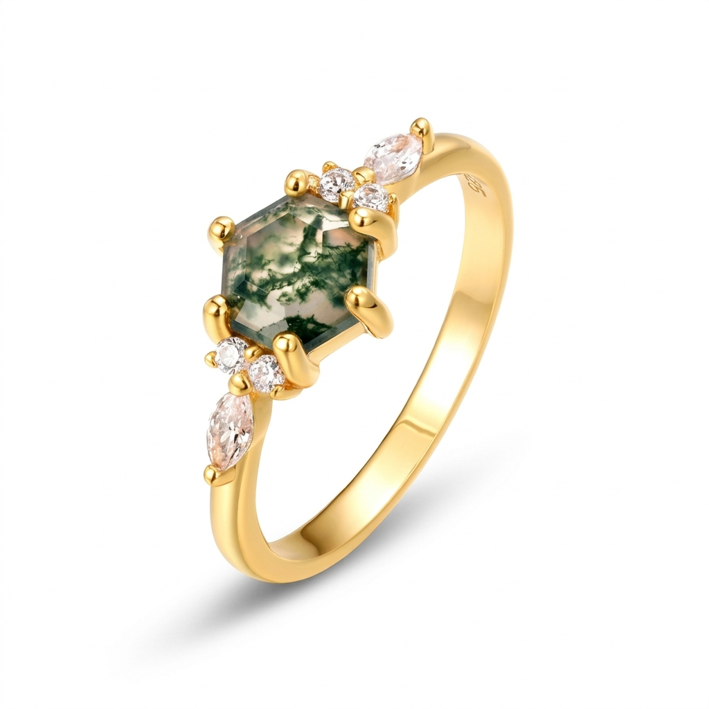 JewelyKing S925 Sterling Silver Zircon CZ Gold Filled Rhombus Shaped Natural Moss Agate Gemstone Ring JKRS0226