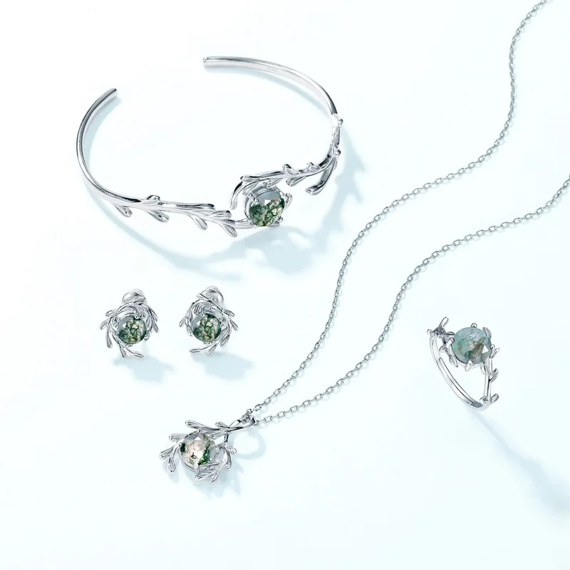 Jewelyking S925 Sterling Silver Fine Jewelry Unique Style Green Natural Moss Agate Gemstone Bracelet JKBS0037