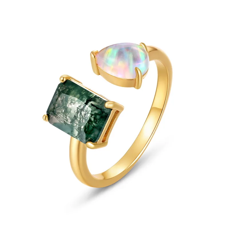 Jewelykin S925 Sterling Silver Ins Style French Vintage Colored Opal Green Moss Agate Inlay Open Adjustable JKRS0125