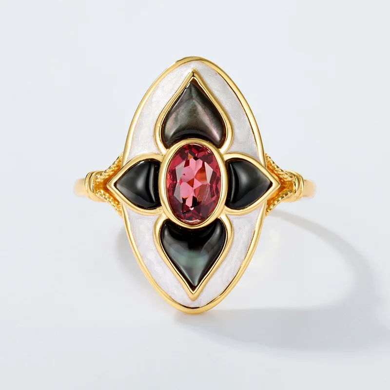 JewelyKing S925 Exquisite Sterling Silver 18K Gold Ring Vintage Garnet Fashion Ring JKRS0269