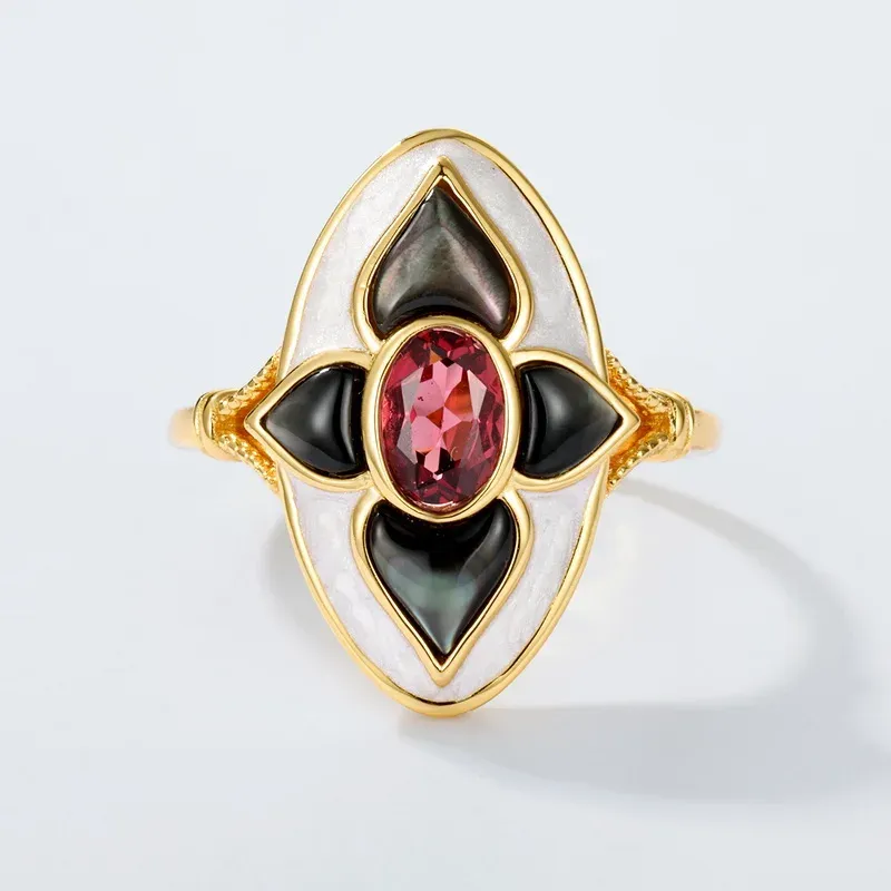 JewelyKing S925 Exquisite Sterling Silver 18K Gold Ring Vintage Garnet Fashion Ring JKRS0269