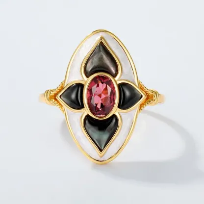 JewelyKing S925 Exquisite Sterling Silver 18K Gold Ring Vintage Garnet Fashion Ring JKRS0269