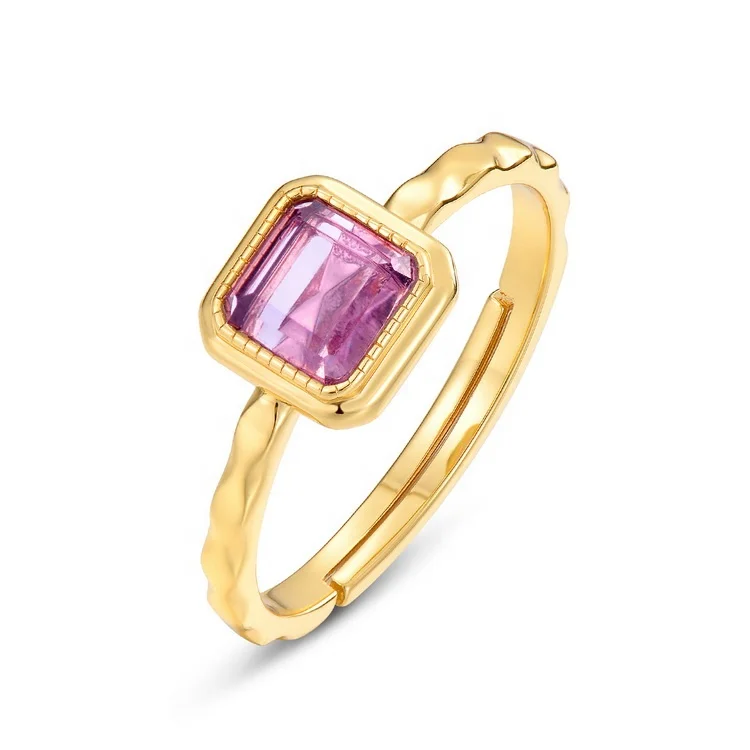 JewelyKing  S925 Sterling Silver square Amethyst Trendy Adjustable Engagement Ring JKRS0264