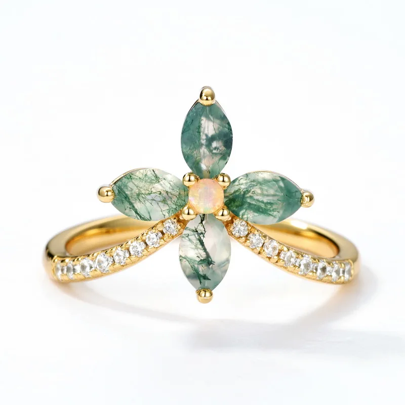 JewelyKing S925 Sterling Silver Green Moss Agate 14K Gold Plated Opal CZ Accent Floral Design Statement Ring JKRS0013