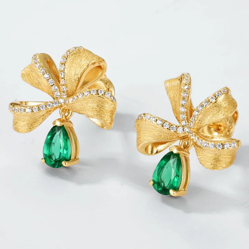 Christmas Zircon Bow Lab Grown Emerald Gemstone Stud Earrings Silver 18K Yellow Gold Xmas Earrings
