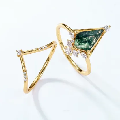 JewelyKing S925 Sterling Silver Plating 18K Yellow Gold Green Moss Natural Seaweed Agate Ring JKRS0132