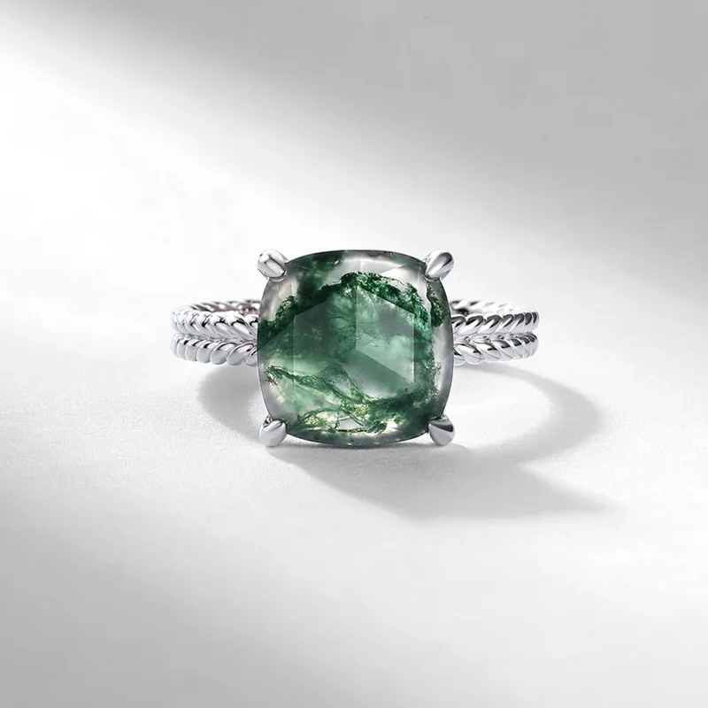 JewelyKing S925 Sterling Silver Moss Agate Square Natural Gemstone Women Engagement Ring JKRS0184