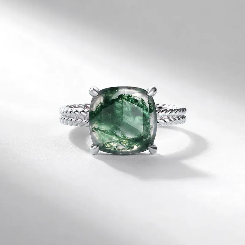 JewelyKing S925 Sterling Silver Moss Agate Square Natural Gemstone Women Engagement Ring JKRS0184