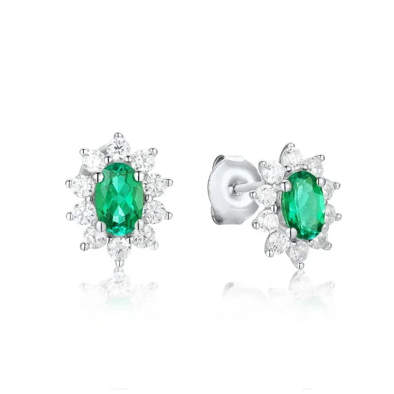925 Sterling Silver Classic Elegant Cubic Zircon Stud Earring Bling Diamond Lab Grown Emerald Gemstone Stud Earrings for Women