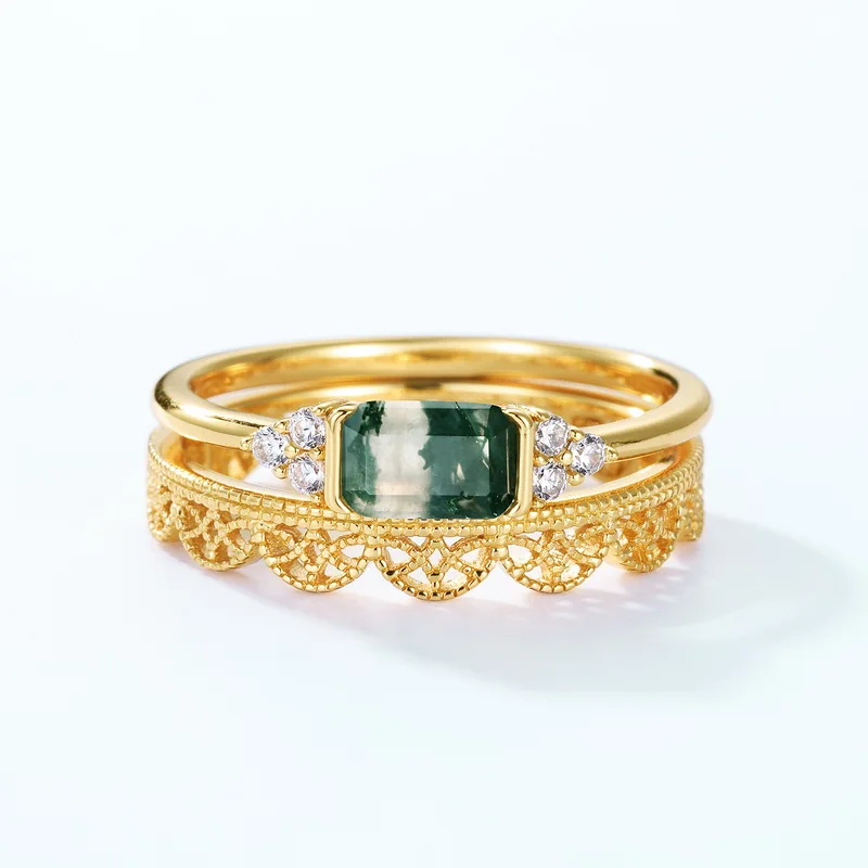 JewelyKing S925 Silver 18K Gold Magnificent Style Baguette Cut Green Moss Agate Stacking Wedding Ring JKRS0154
