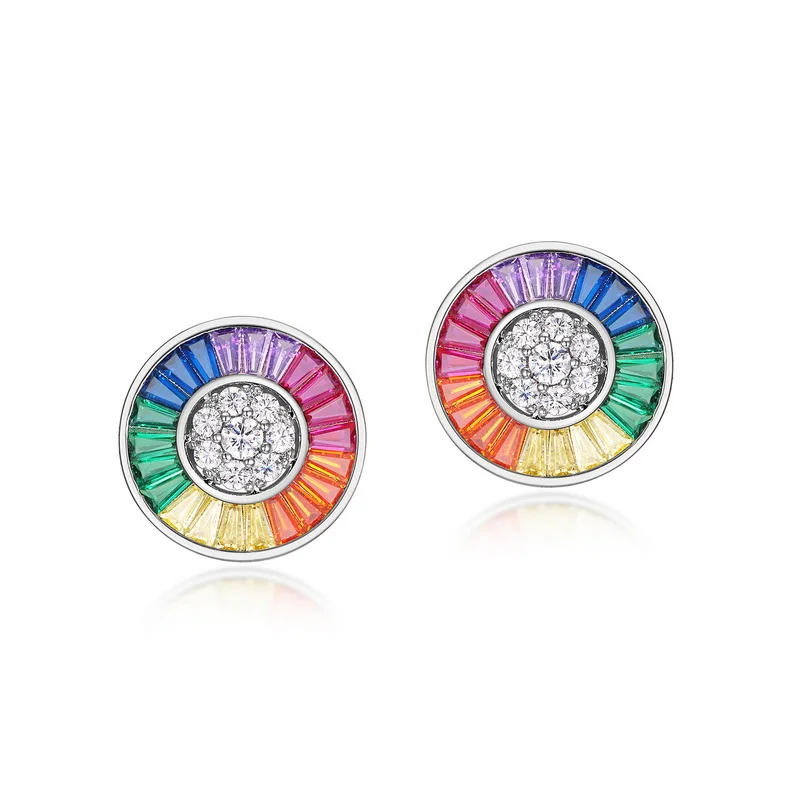 Luxury Rainbow Colorful Cubic Zircon Earrings White Gold Plated Silver Micro Pave Round Stud Earrings for Women Fashion Jewelry