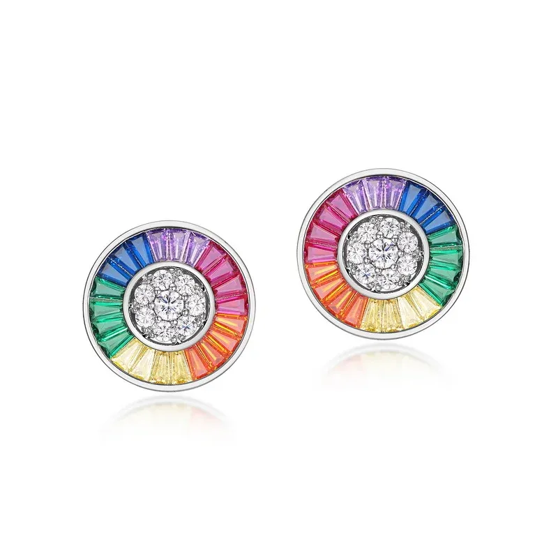 Luxury Rainbow Colorful Cubic Zircon Earrings White Gold Plated Silver Micro Pave Round Stud Earrings for Women Fashion Jewelry