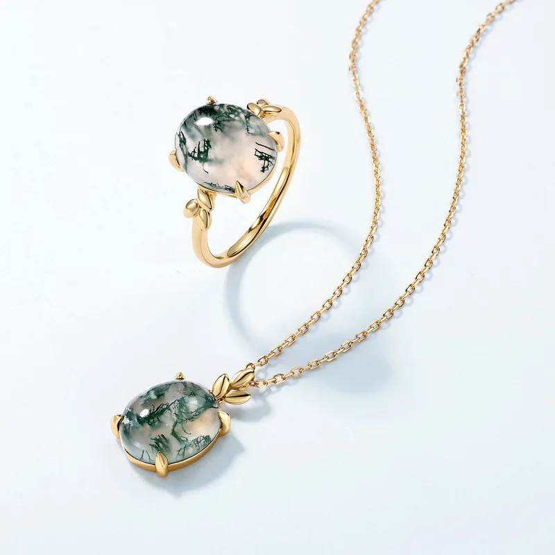 Jewelyking S925 Sterling Silver Green Moss Agate Oval Gemstone Rhodium Plated 18K Gold Custom Pendant Necklace JKNS0097