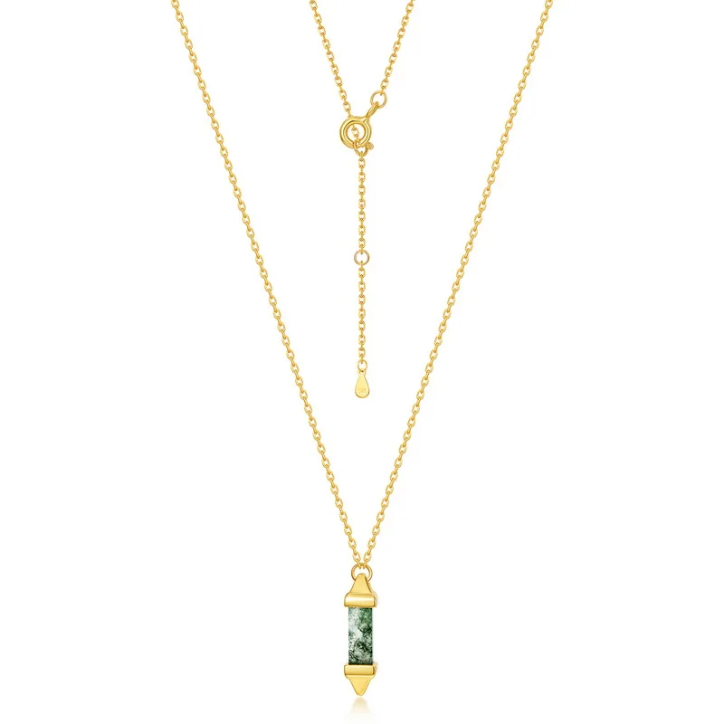 Jewelyking Natural Green Moss Agate 18K Gold Healing Gemstone Hexagonal Dot Necklace Pendant JKNS0100