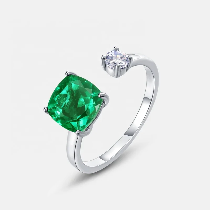 High Quality 925 Sterling Silver Green Gemstone Adjustable Ring Luxury Lab Grown Emeralds Openning Finger Ring for Women
