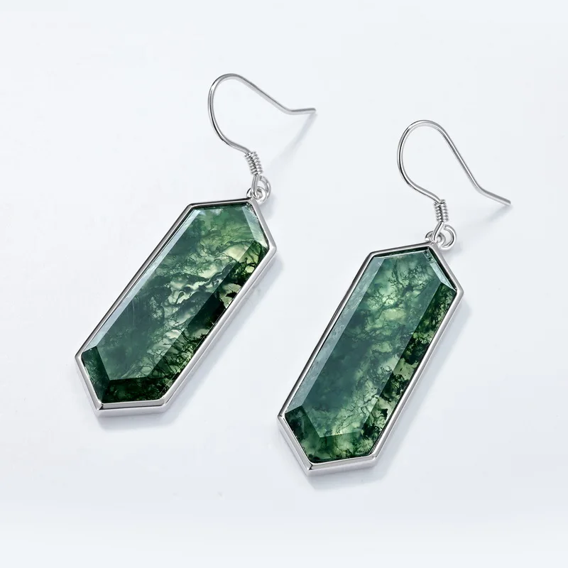 JewelyKing S925 Sterling Silver Hexagon Cut Green Moss Agate Drop Earrings JKES0013