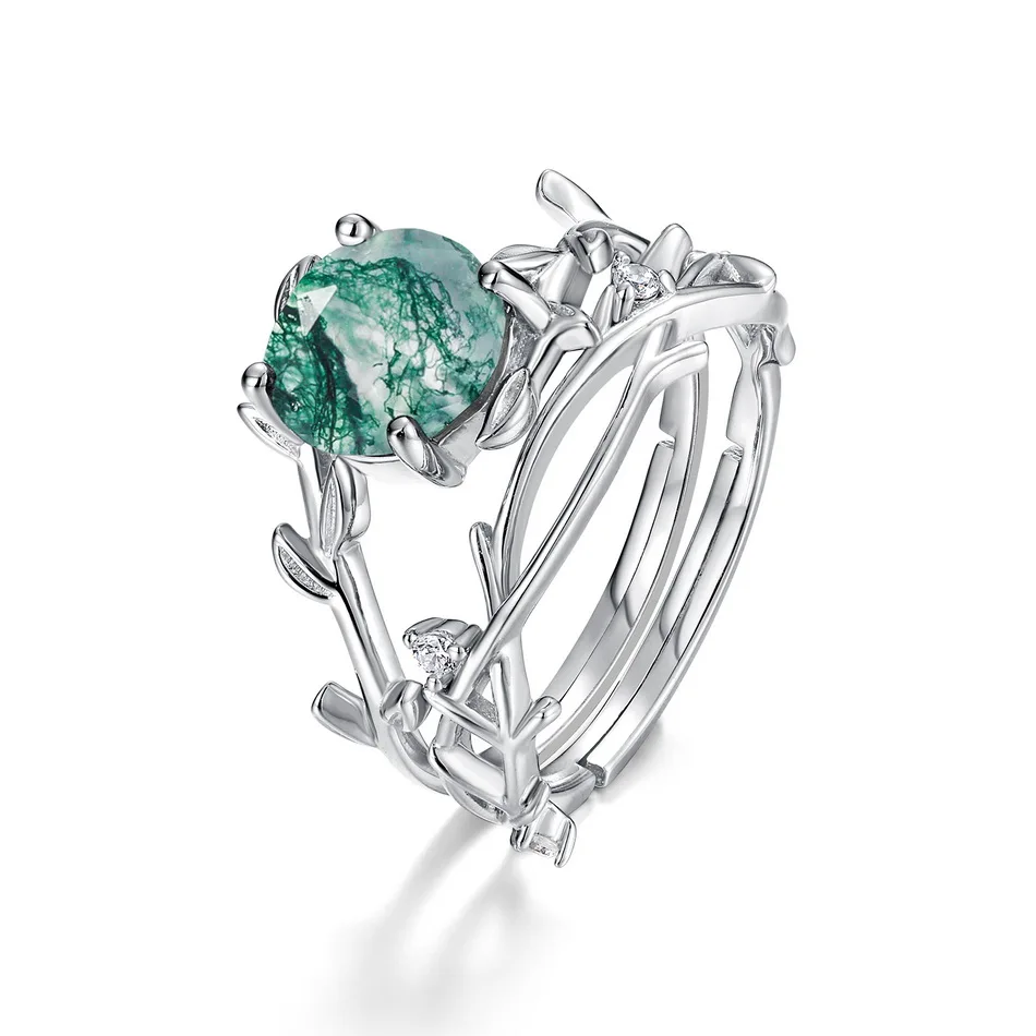 JewelyKing S925 Sterling Silver Green Moss Agate Hexagon Cut Natural Gemstone Vine Leaf CZ Accent Adjustable Solitaire Ring JKRS0159