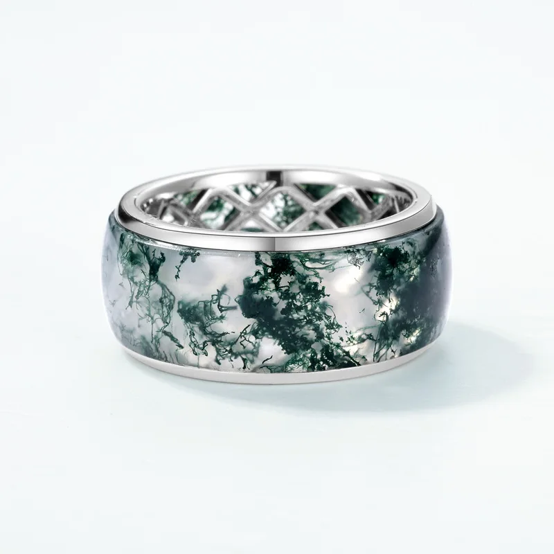 JewelyKing S925 Sterling Silver Green Moss Agate Wide Band Geometric Grid Hollow Design Natural Gemstone Ring JKRS0007