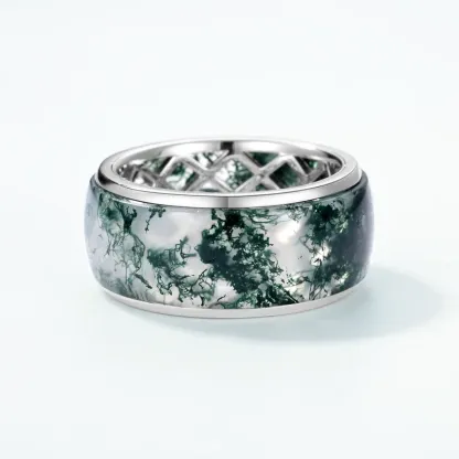 JewelyKing S925 Sterling Silver Green Moss Agate Wide Band Geometric Grid Hollow Design Natural Gemstone Ring JKRS0007