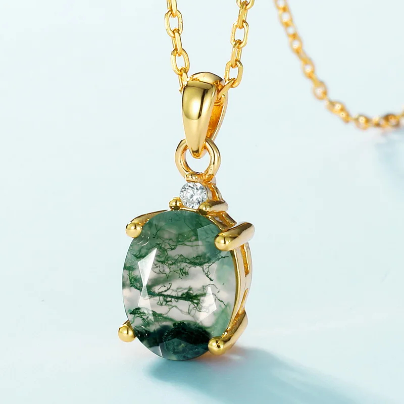 Jewelyking S925 Sterling Silver Oval Moss Agate Natural Gemstone Pendant Necklace JKNS0107