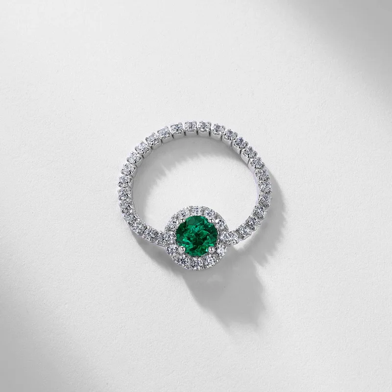 S925 Sterling Silver Round Cut Lab Grown Emerald Double Halo Engagement Ring for Women