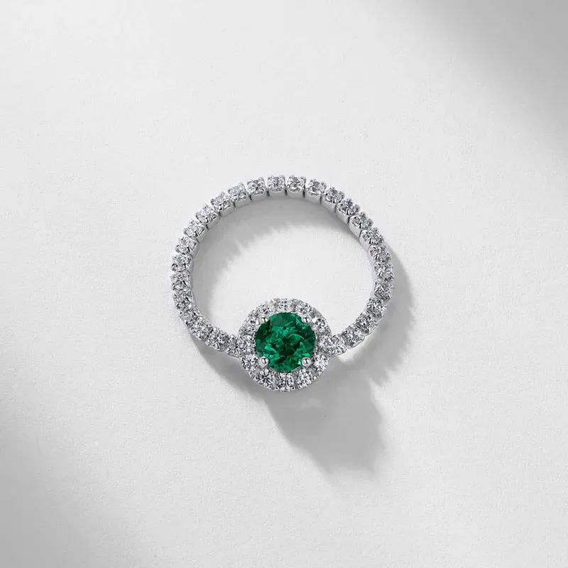 S925 Sterling Silver Round Cut Lab Grown Emerald Double Halo Engagement Ring for Women