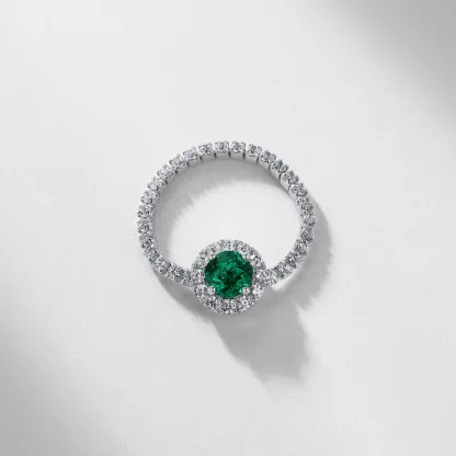 S925 Sterling Silver Round Cut Lab Grown Emerald Double Halo Engagement Ring for Women