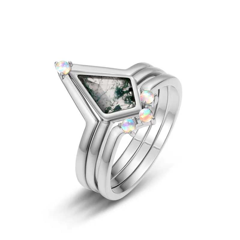 JewelyKing Kite Shape Moss Agate Sterling Silver Ring Simple Gemstone Opal Stackable Ring Green Moss Agate Vintage Ring JKRS0172