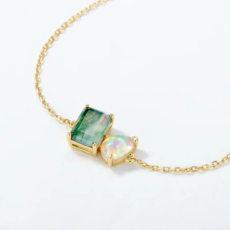 Jewelyking S925 Sterling Silver Women Classic Green Moss Agate Bracelet Square Ice Flower Opal Bracelet JKBS0041