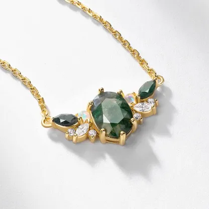Jewelyking S925 Sterling Silver Cubic Zirconia Gemstone Jewelry Delicate Square Real Moss Agate Pendant Necklace JKNS0087