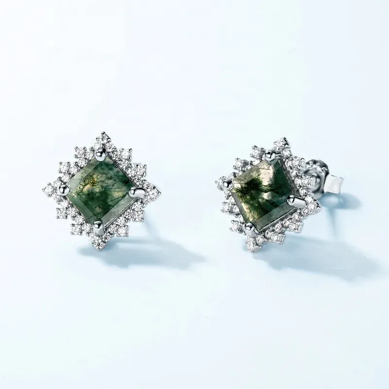Jewelyking S925 Sterling Silver Square Shape Gemstone Simple Classic Square Moss Agate Stud Earring JKES0082