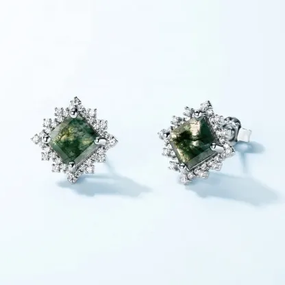 Jewelyking S925 Sterling Silver Square Shape Gemstone Simple Classic Square Moss Agate Stud Earring JKES0082