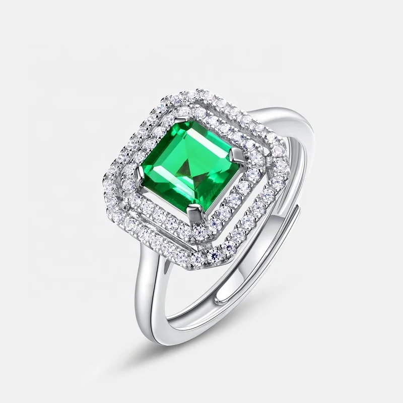 Minimalist 925 Sterling Silver Cubic Zirconia Adjustable Ring Square Emerald Cut Created Green Emeralds Open Ring Jewelry