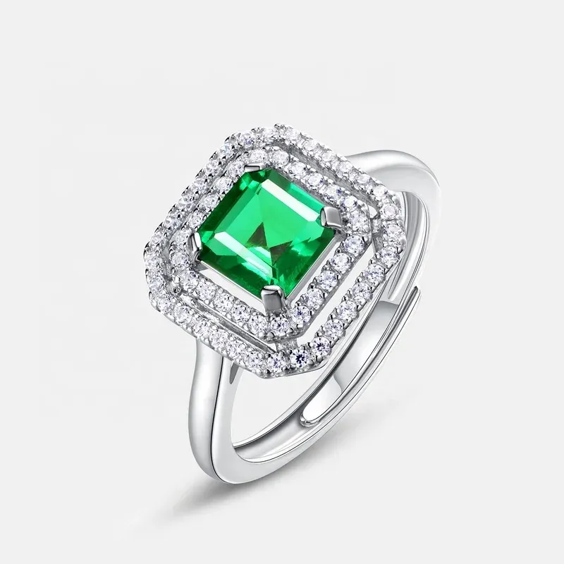 Minimalist 925 Sterling Silver Cubic Zirconia Adjustable Ring Square Emerald Cut Created Green Emeralds Open Ring Jewelry