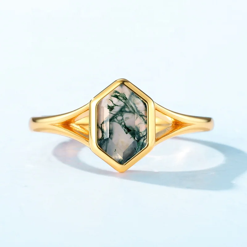JewelyKing S925 Sterling Silver Open Ring Adjustable Simple Hexagon Aquatic Moss Agate Promise Ring JKRS0231