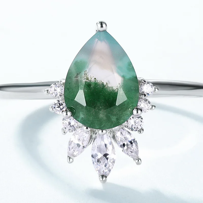 JewelyKing S925 Sterling Silver Green Natural Moss Agate Leaf Moss Agate Engagement Wedding Ring JKRS0169
